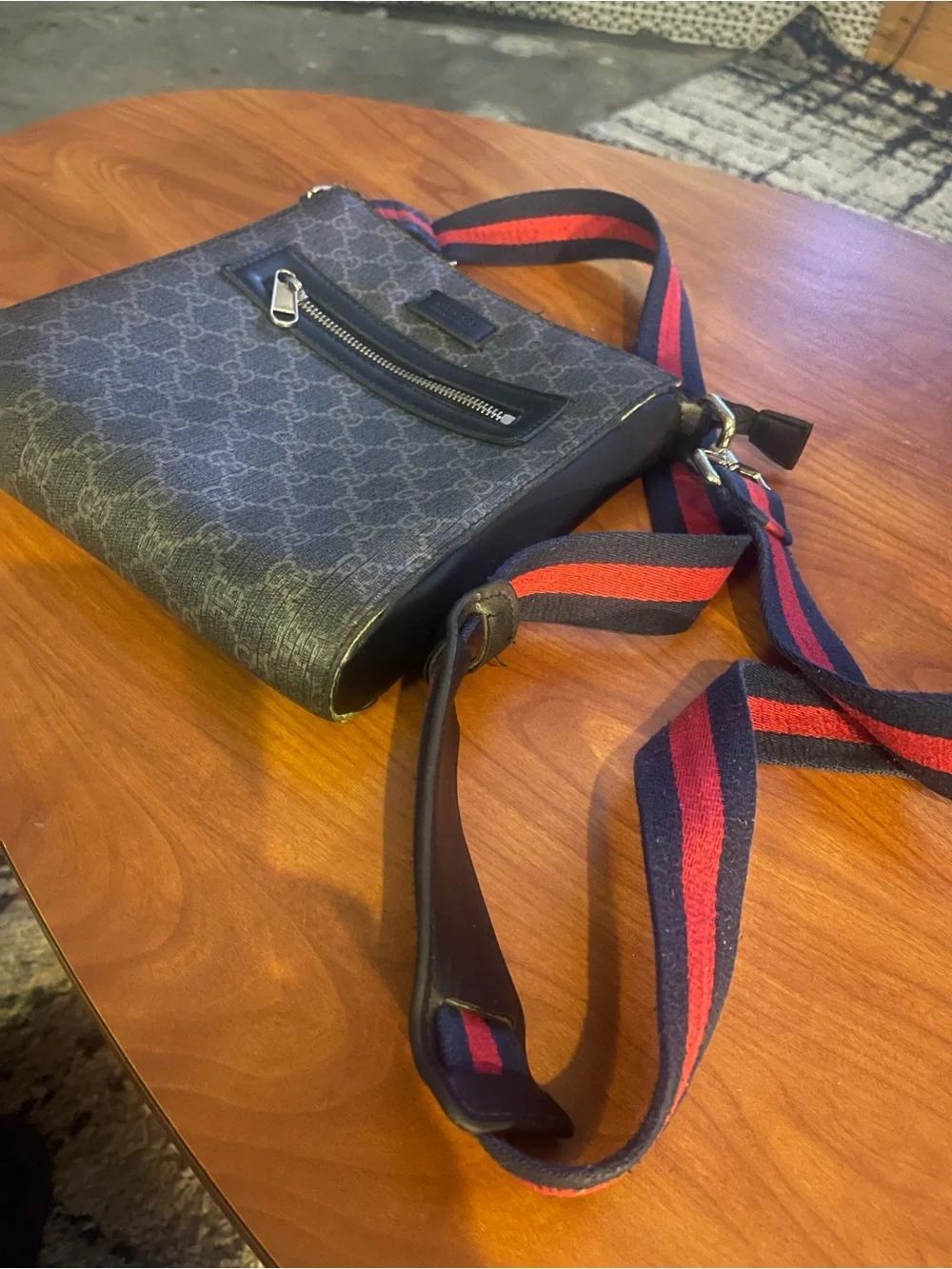 Gucci Navy Monogram Messenger Bag with Red-Blue Web Strap